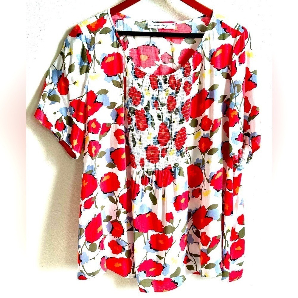 IN EVERY STORY Red Poppy Floral Short Sleeved Shirred Front Blouse Women's XL